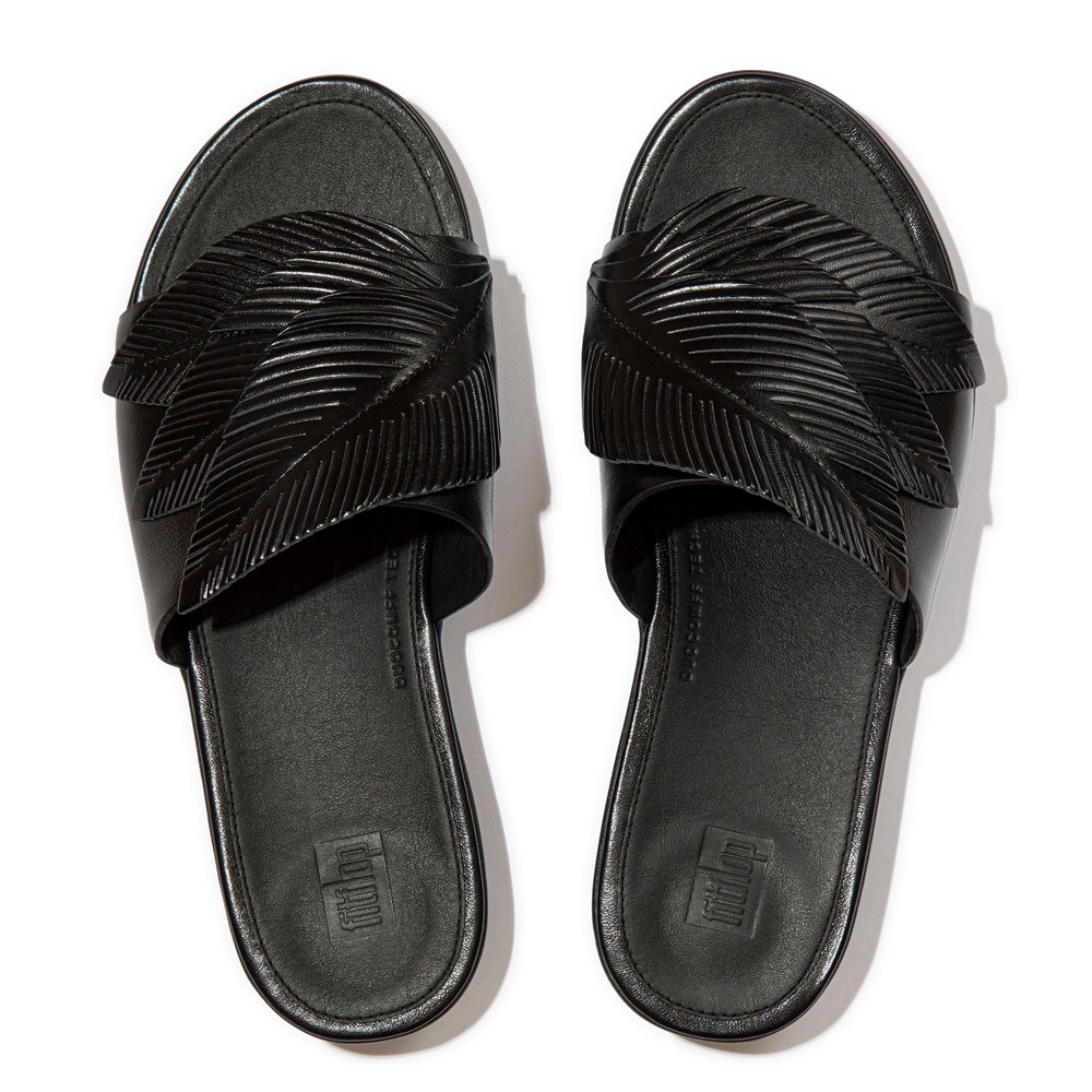 Fitflop Womens Slides Black - Sola Feather Metallic Leather - 82LPHUQZW